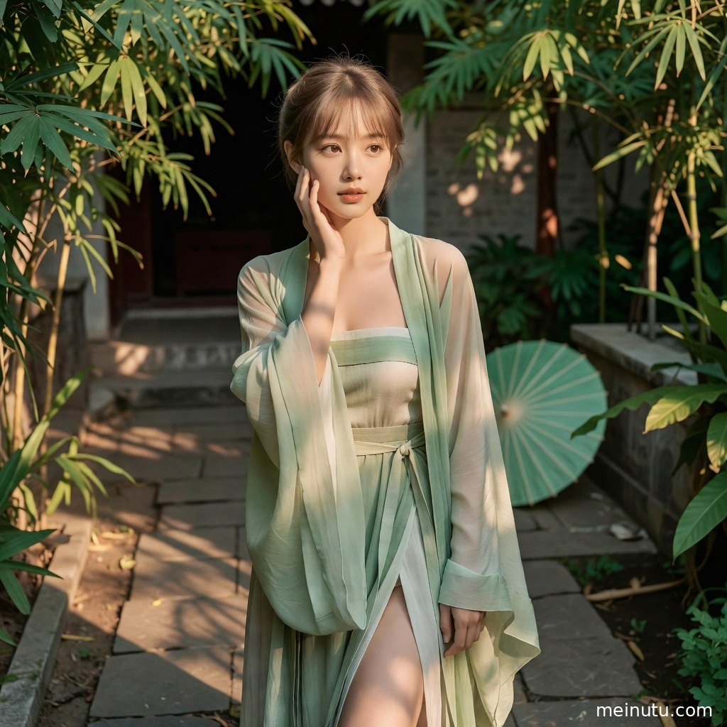 Elegant asian women portrait wallpaper scene with hanfu sleeves, floral branches, and warm courtyard depth.