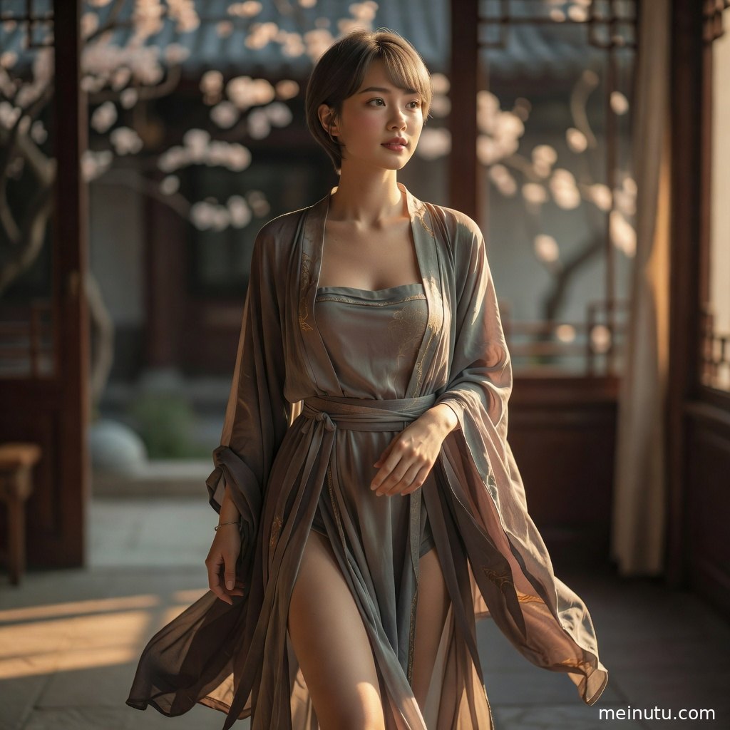 俯拍视角下的汉服女子坐在窗边，衣袖铺展呈现柔美国风写真质感。