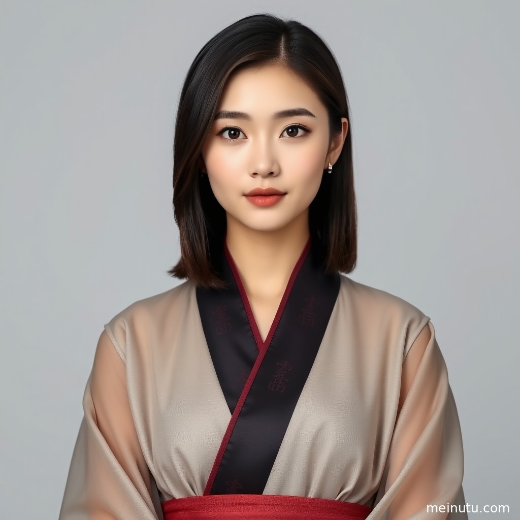 庭院花影中的汉服美女近景，手绘质感呈现披帛纹理与温柔古风妆容。