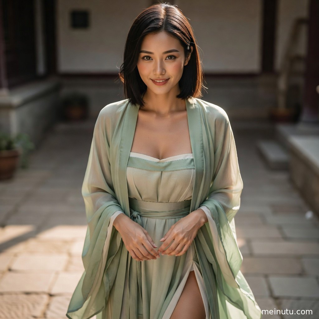 古风汉服手绘写真画面聚焦成年女子回眸，石阶与木窗营造静雅国风氛围。