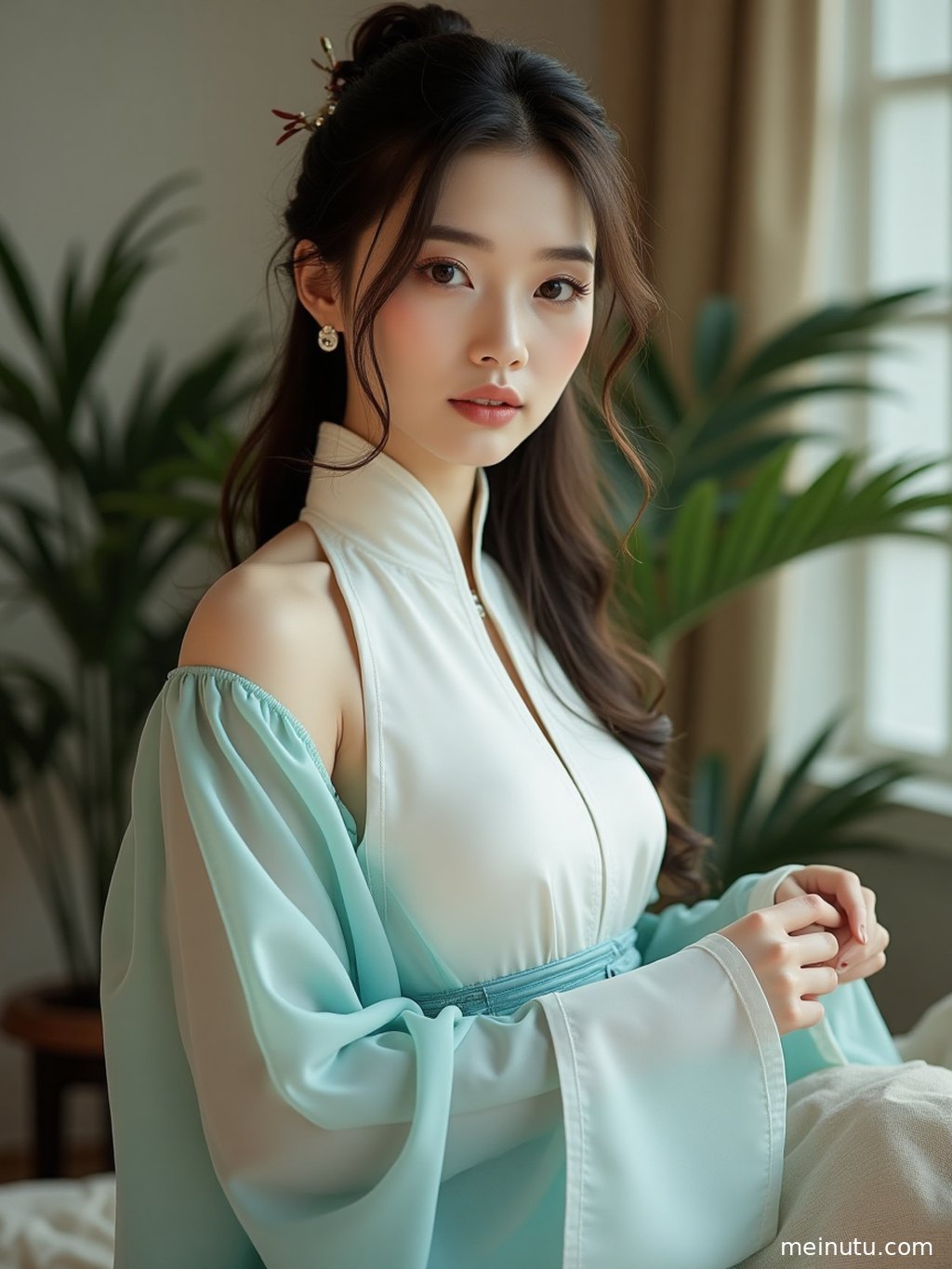An asian adult woman wearing elegant chinese hanfu looks back by the seaside, with windblown hair and soft backlight creating a poetic portrait.