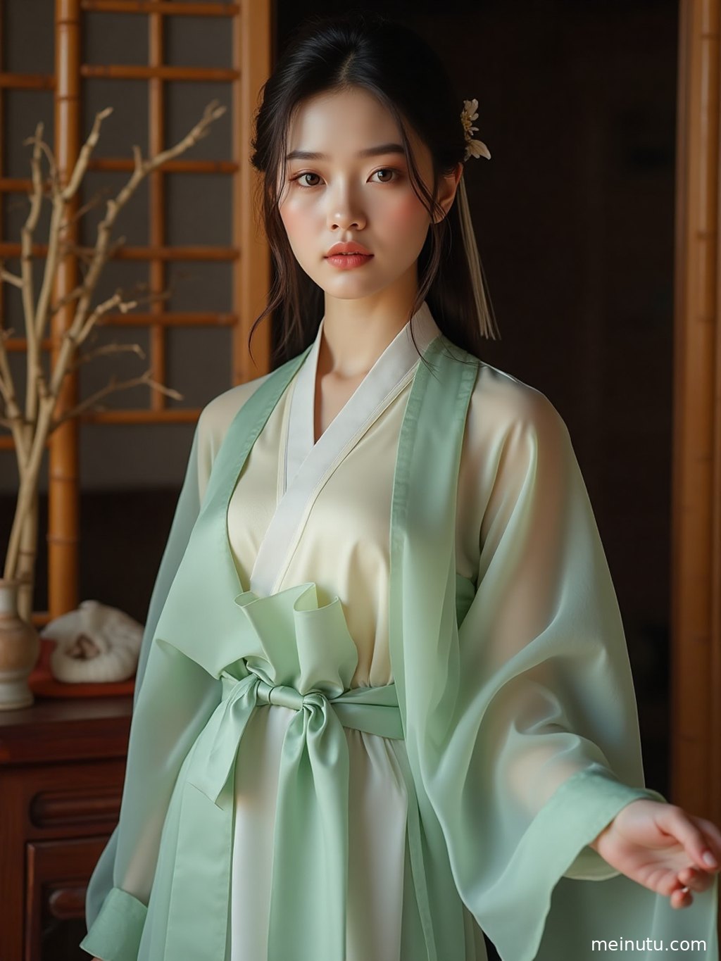 A low-angle beach portrait of an asian adult woman in flowing hanfu, surrounded by warm sunset glow and a dreamlike coastal atmosphere.