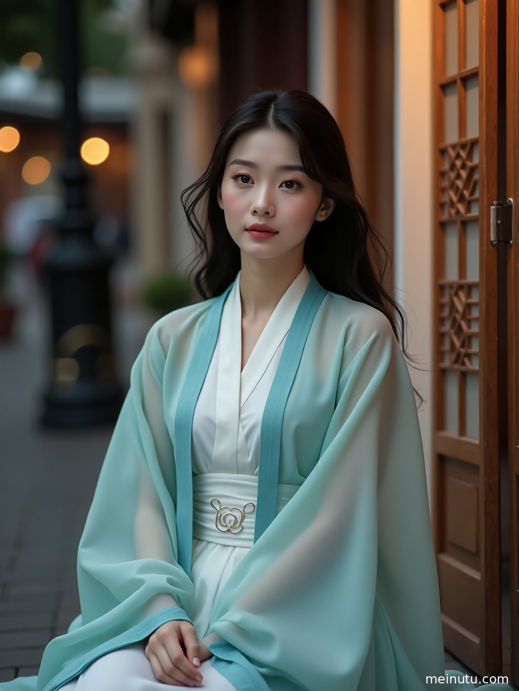 Gentle waves touch the shore as an asian adult woman in traditional chinese dress faces the ocean, her silhouette outlined by soft backlight.