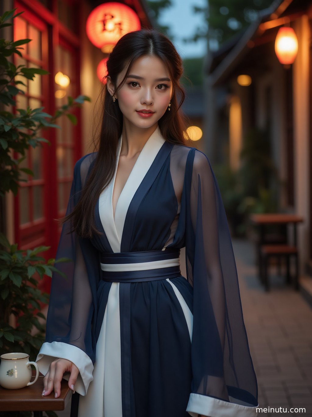 A close-up hanfu portrait showing refined fabric details and classic styling on an asian adult woman, illuminated by gentle seaside backlight.