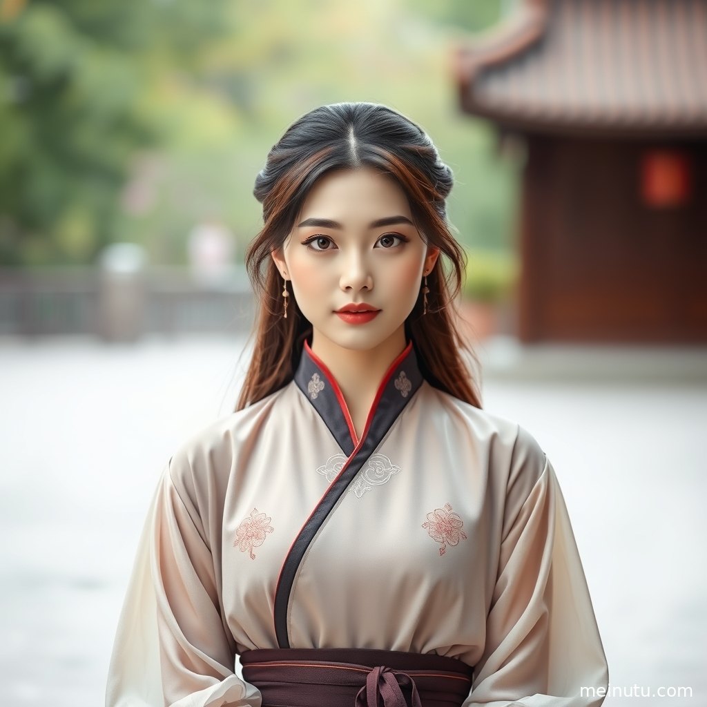 短发汉服造型的成年女子坐于木窗旁，三分法构图突出衣袖层次与清雅氛围。