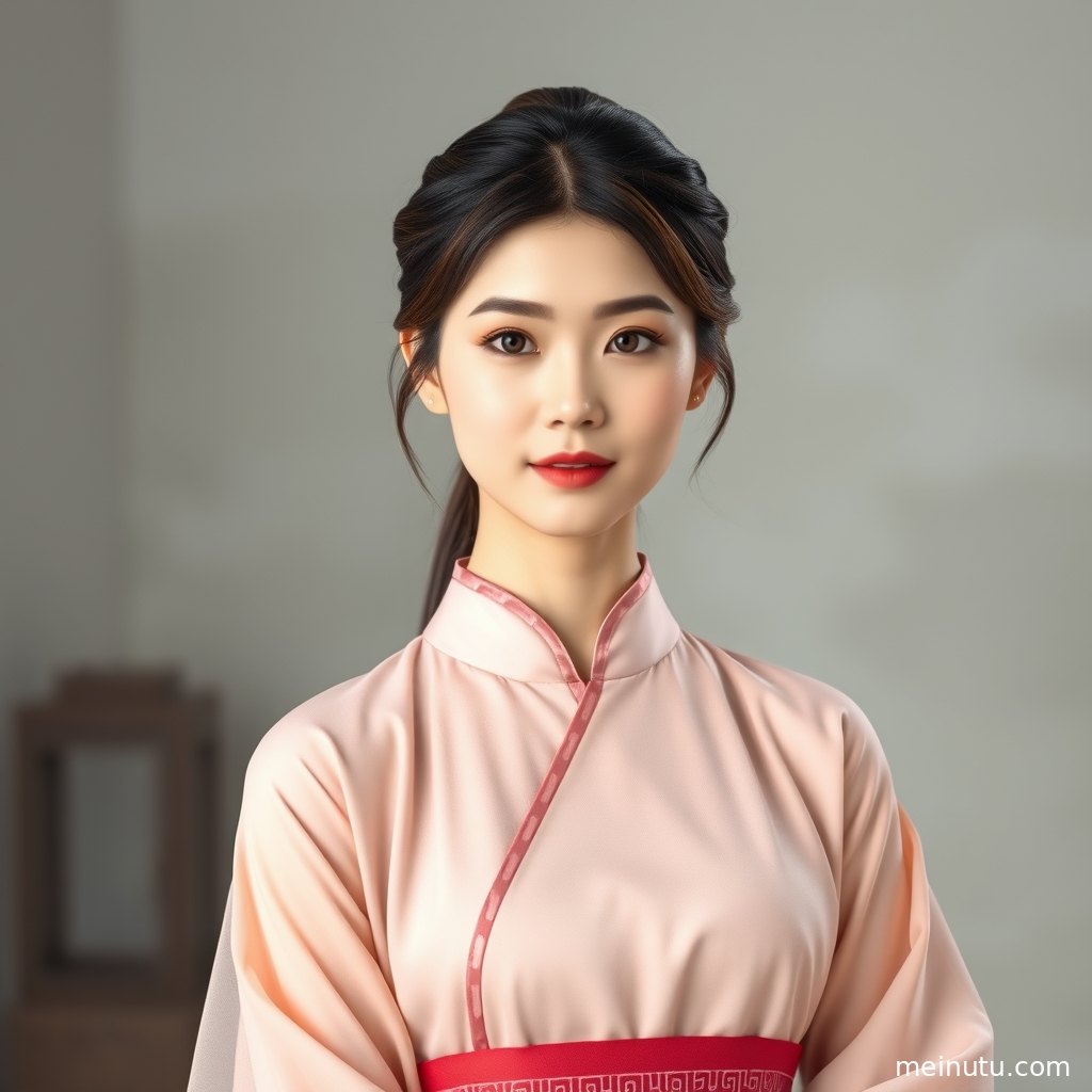 年轻成年女性以短发古装汉服发型入镜，柔和光影展现细腻面容与古风服饰纹理。