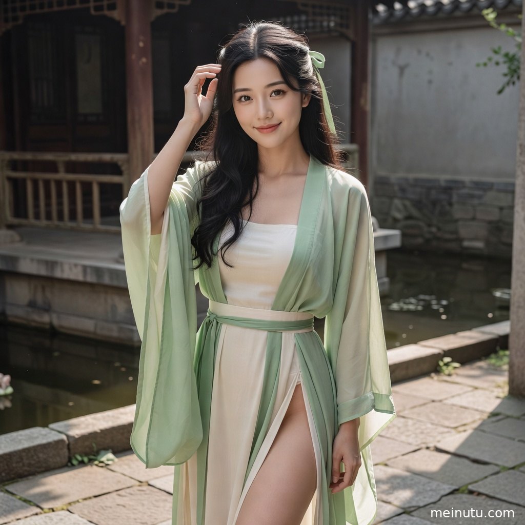 汉服美女在中式庭院回眸，低角度拍摄突出衣摆层次与柔光轮廓。