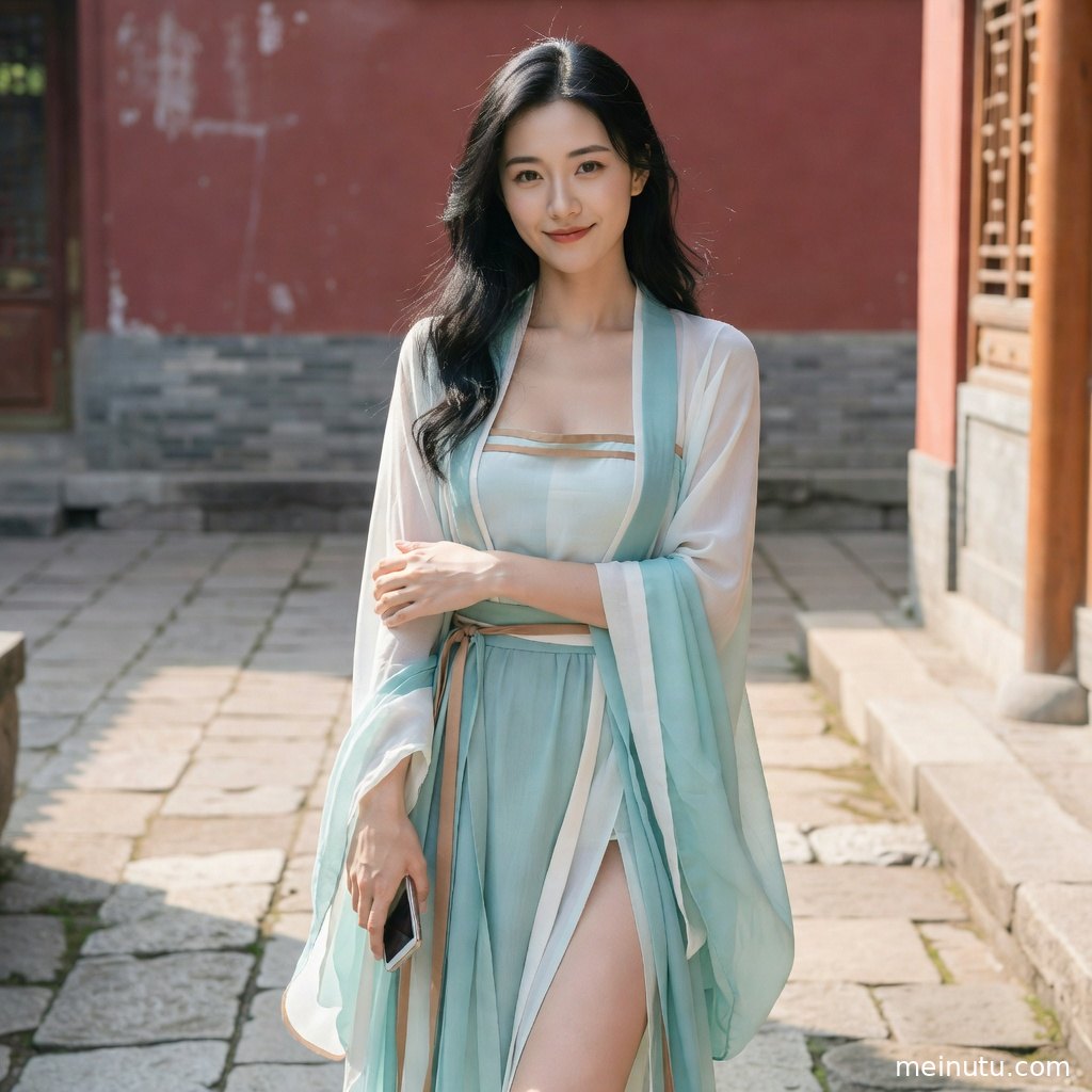 古装唐装汉服女倚近院落门廊，发饰与长袖在逆光中呈现国风写真质感。