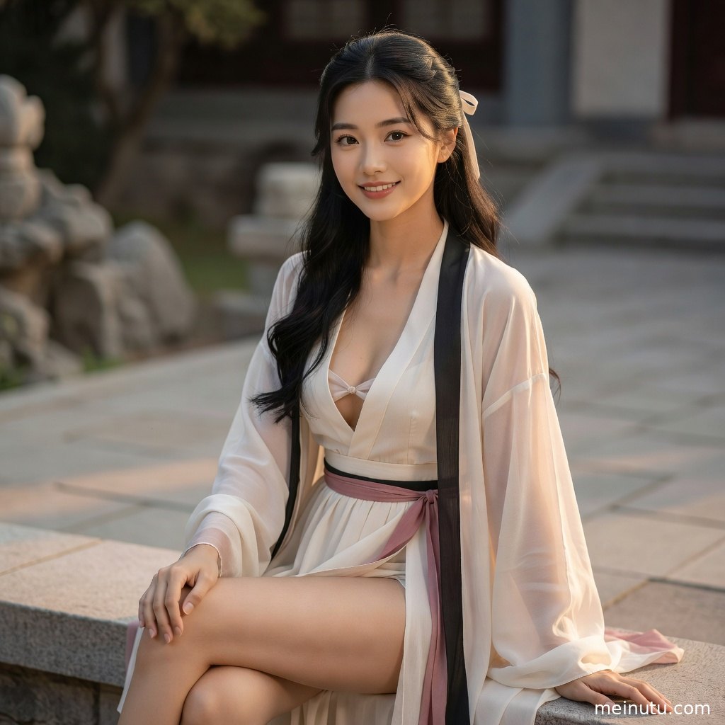 年轻成年女性穿素雅汉服站在庭院花木旁，柔和逆光营造高清古装美女图片效果。