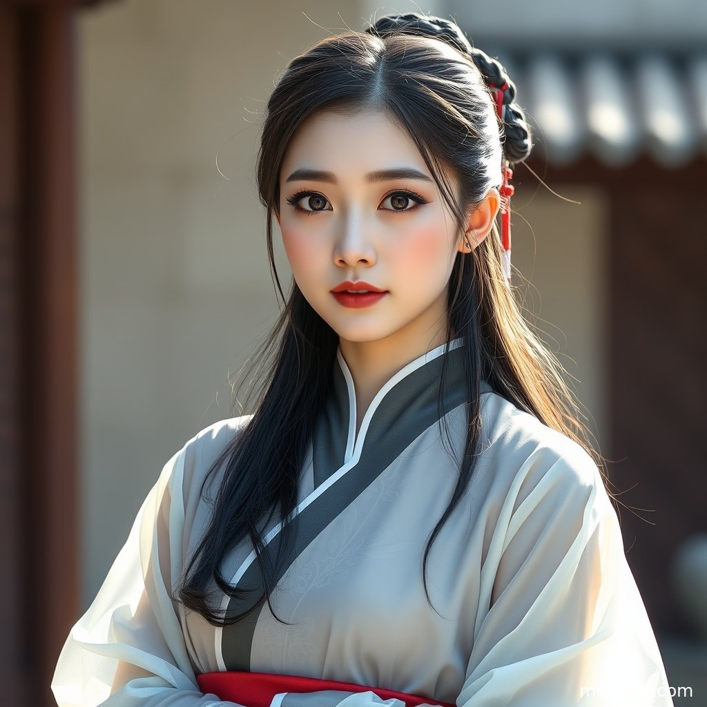 年轻成年女性身着浅色汉服端坐室内，古装汉服发型搭配发簪，在暖色侧光下呈现温柔国风氛围。