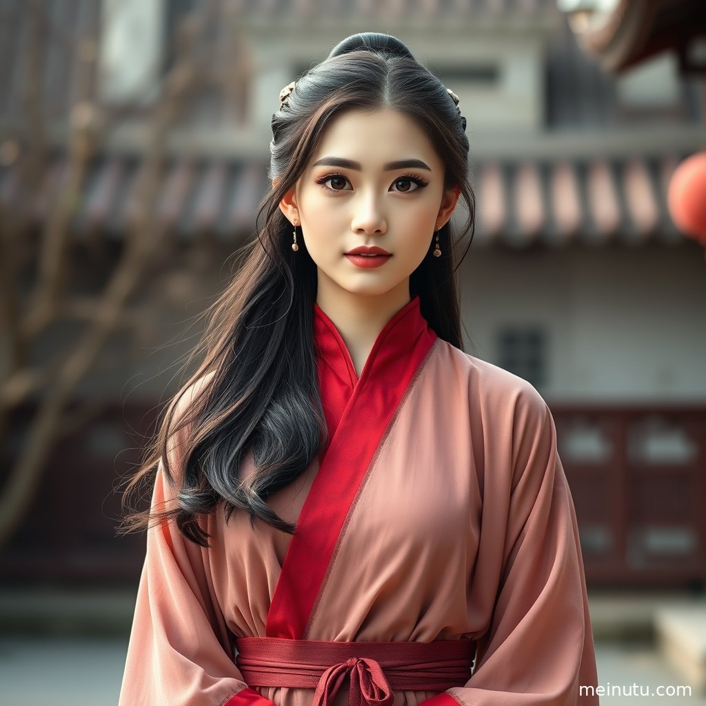 俯拍视角记录成年女子汉服写真，精致盘发与衣袖纹理在室内柔光中显得细腻清雅。
