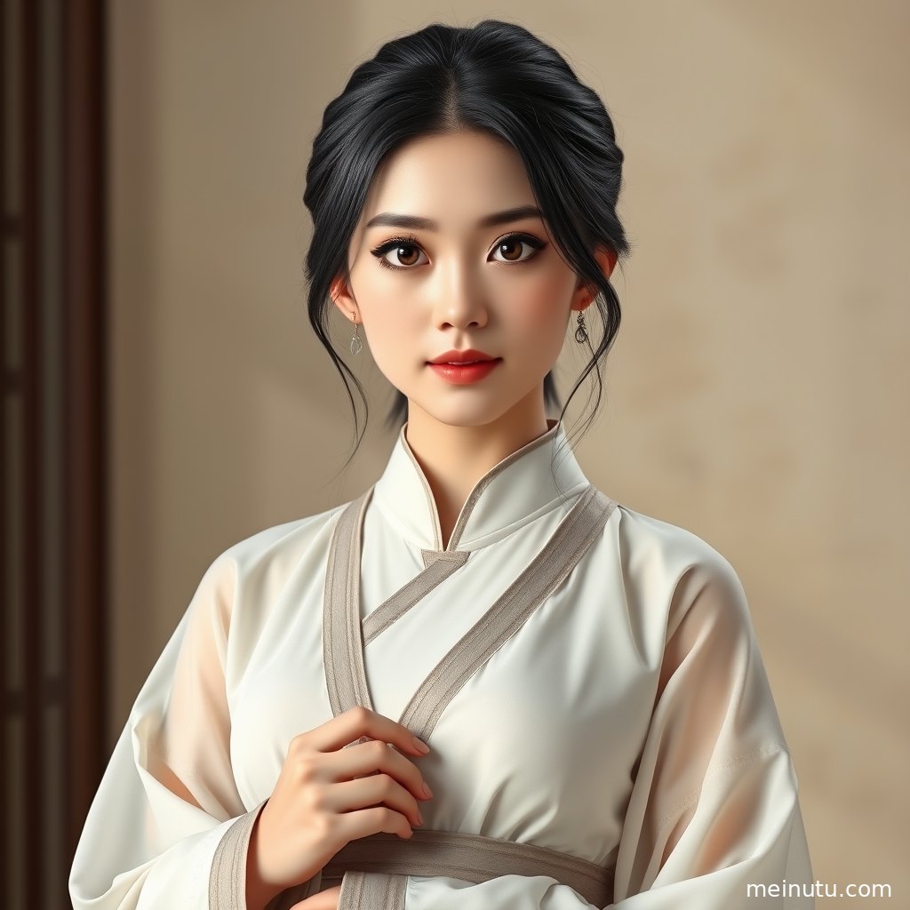 室内布景中的成年女子穿着传统汉服，古装汉服发型与温润光影营造安静典雅的画面。