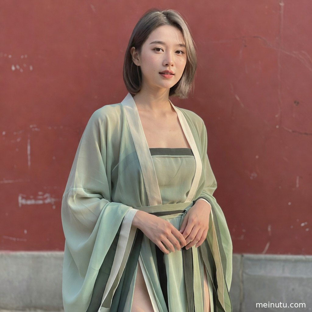 汉服美女以三分法构图侧身凝望，层叠衣袂与柔和晨光呈现高清古风写真质感。