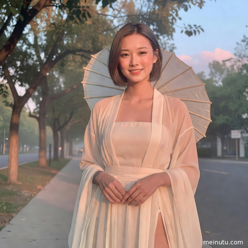 年轻成年女性佩戴精致发饰演绎国风婚嫁造型，浅金色背景营造温柔汉服写真画面。
