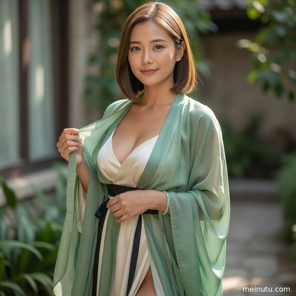 汉服写真画面以明亮窗边为背景，呈现清雅国风造型和细腻高光质感。