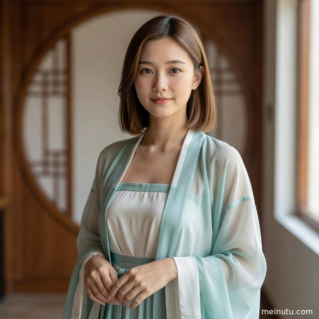 成年女性穿传统汉服静立窗前，柔光突出发饰、衣襟与安静的东方韵味。