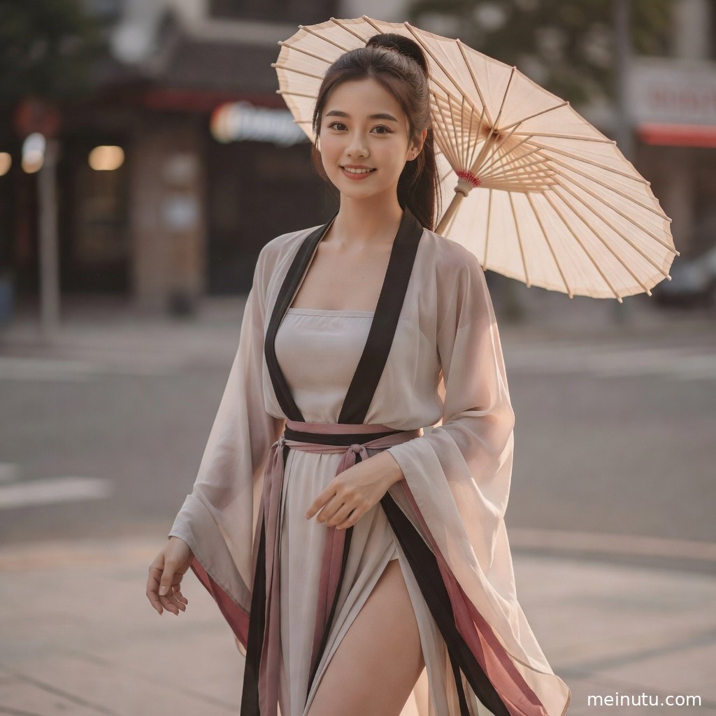 俯拍视角下的古装汉服女倚坐于木质场景，衣袖纹理在晨光中清晰可见。