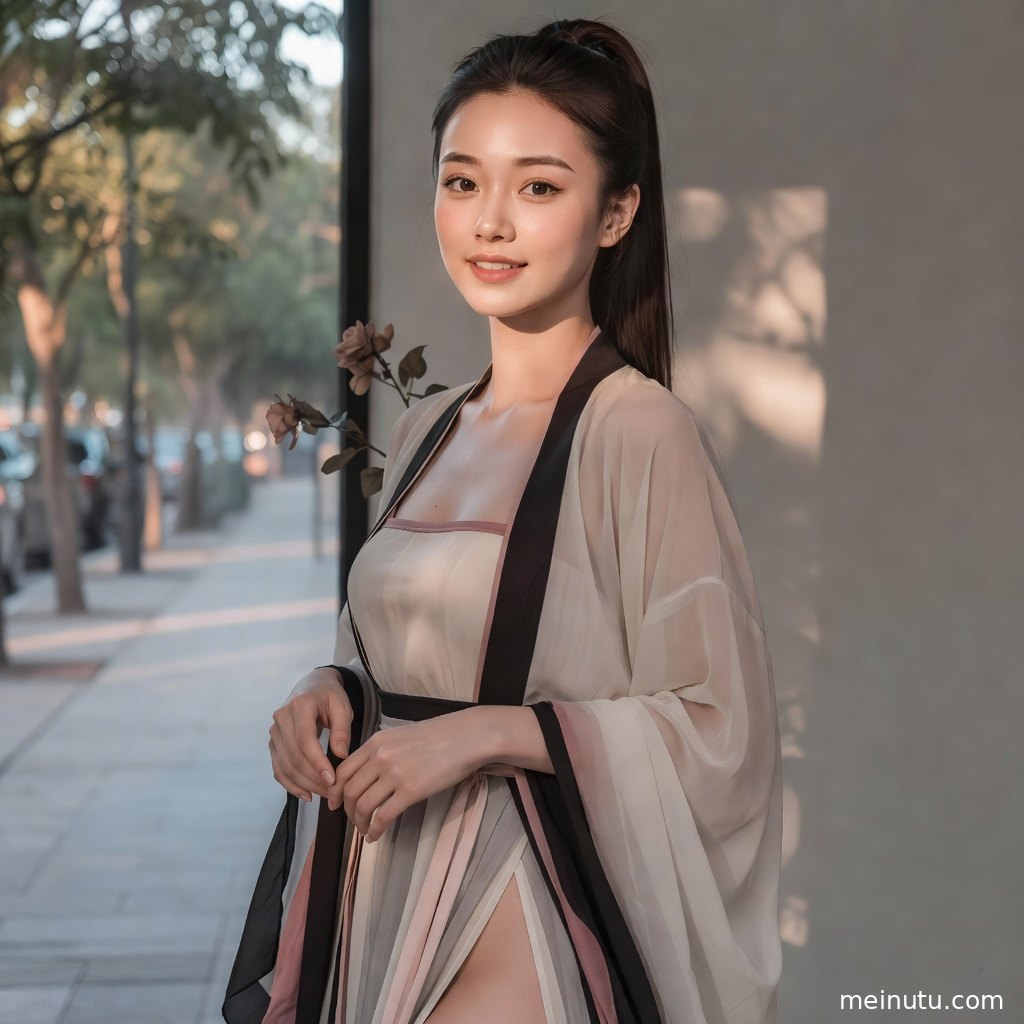 国风写真画面呈现成年女子汉服造型，晨光、暖色侧光与俯拍构图营造静雅感。