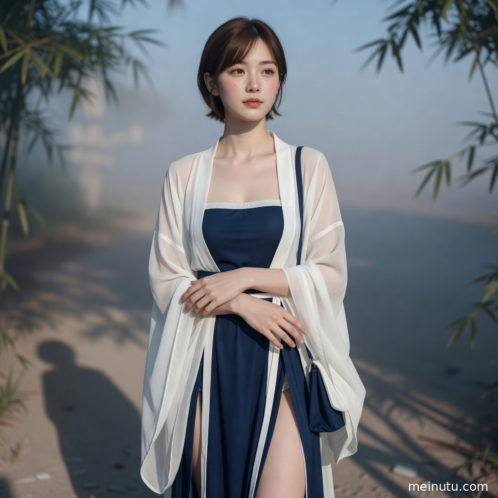 暖色晨雾中汉服衣袂轻扬，成年女性以柔和眼神展现国风写真质感。