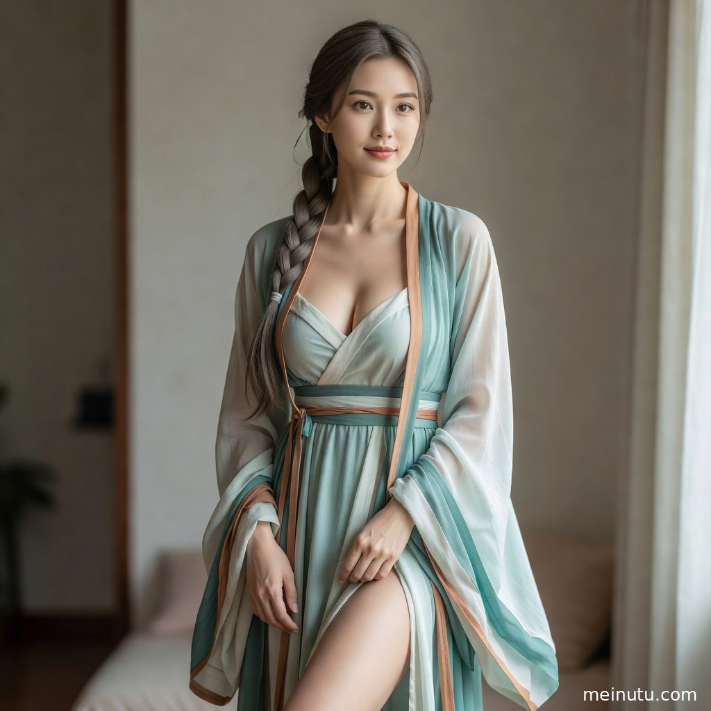 庭院石阶旁的年轻成年女性展示层叠汉服造型，逆光氛围清透细腻。