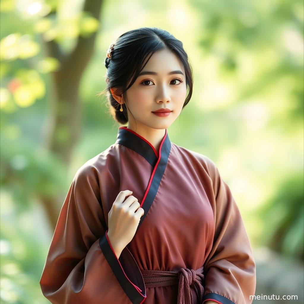 柔和的逆光勾勒出汉服的轮廓，女性在光影中回眸。