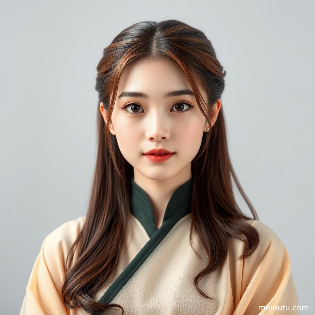 成年女性在柔和自然光下侧身回眸，展现古装汉服造型 晨光 电影感光影的场景层次与光影。