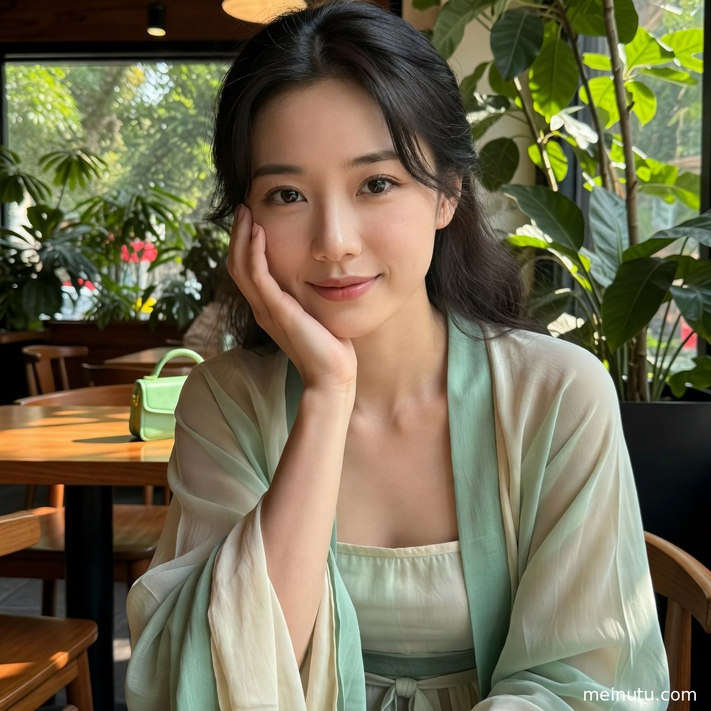 低角度拍摄的汉服美女倚在花丛边，背景绿植虚化呈现清雅国风写真感。