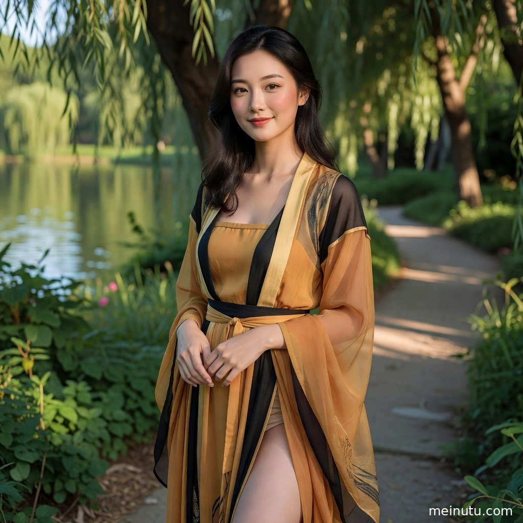 成年女性身着古装汉服回望镜头，暖色逆光洒在庭院花叶之间。