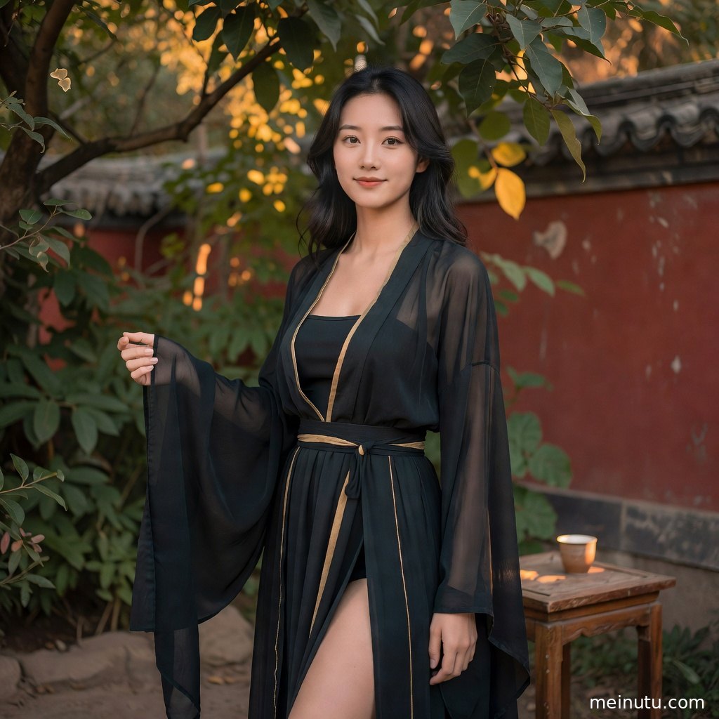 花园石阶前的汉服写真画面，飘逸裙摆与柔光背景营造温柔古风氛围。