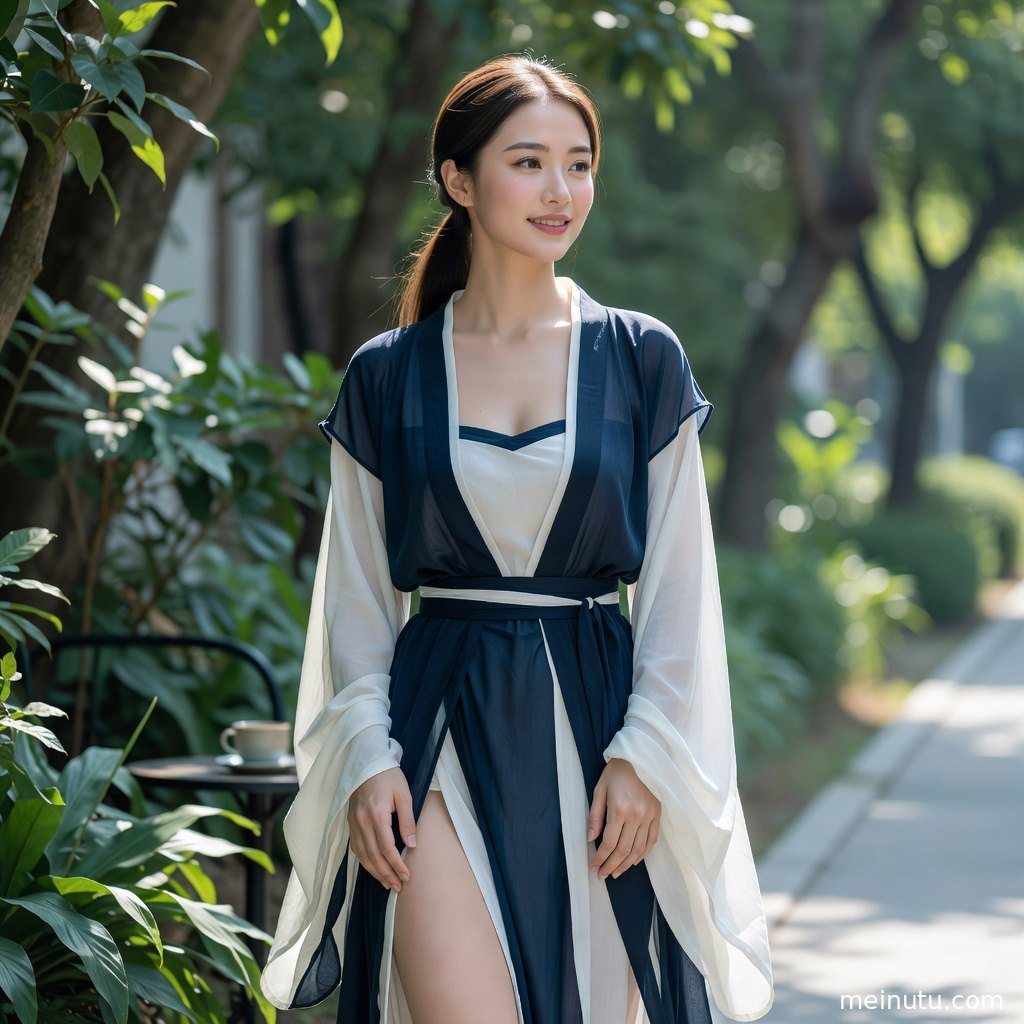 花园低角度古装汉服照片，成年女子回眸望向镜头，背景光斑温柔。