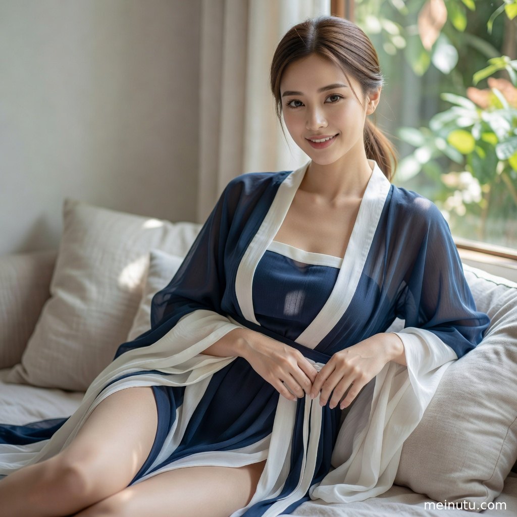 成年女性穿层叠汉服坐在花园石径旁，低角度构图突出裙摆纹理。