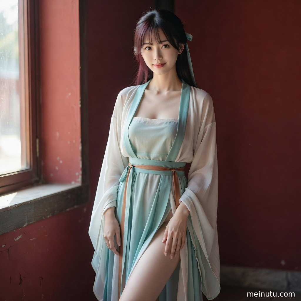 窗边柔和逆光下的汉服女子俯拍国风写真，衣纹与木窗光影清晰细腻。