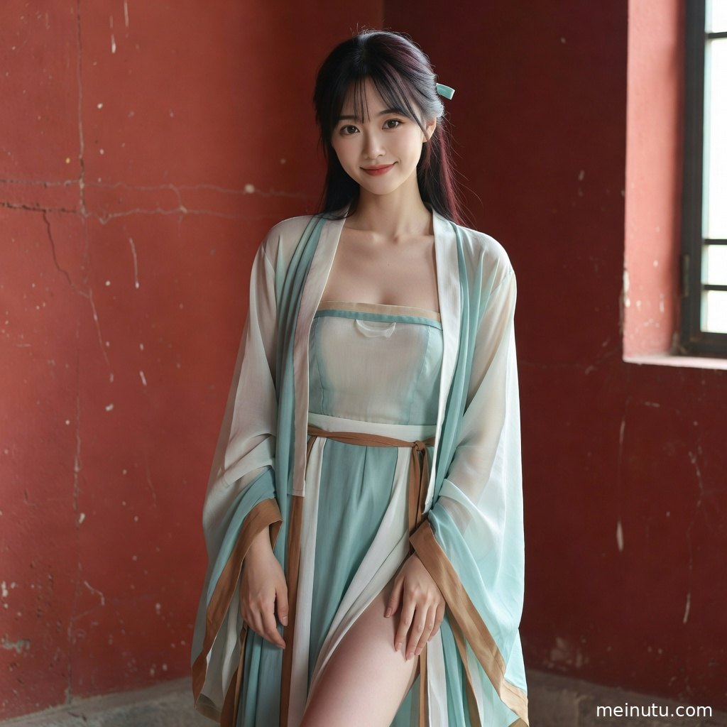 浅色汉服模特倚近窗边，柔和逆光营造安静古风写真氛围。