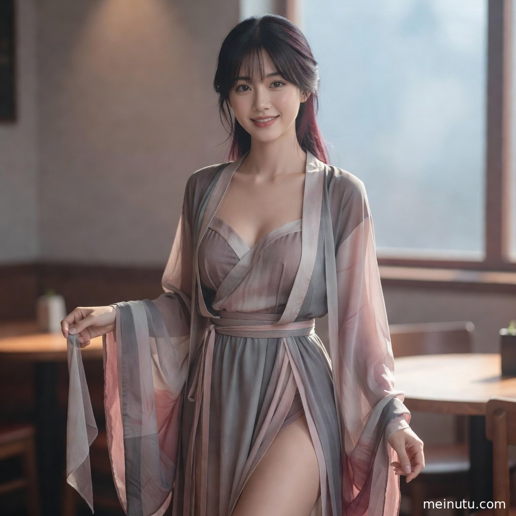 室内窗格旁的国风写真画面，汉服造型与俯拍视角突出东方美感。