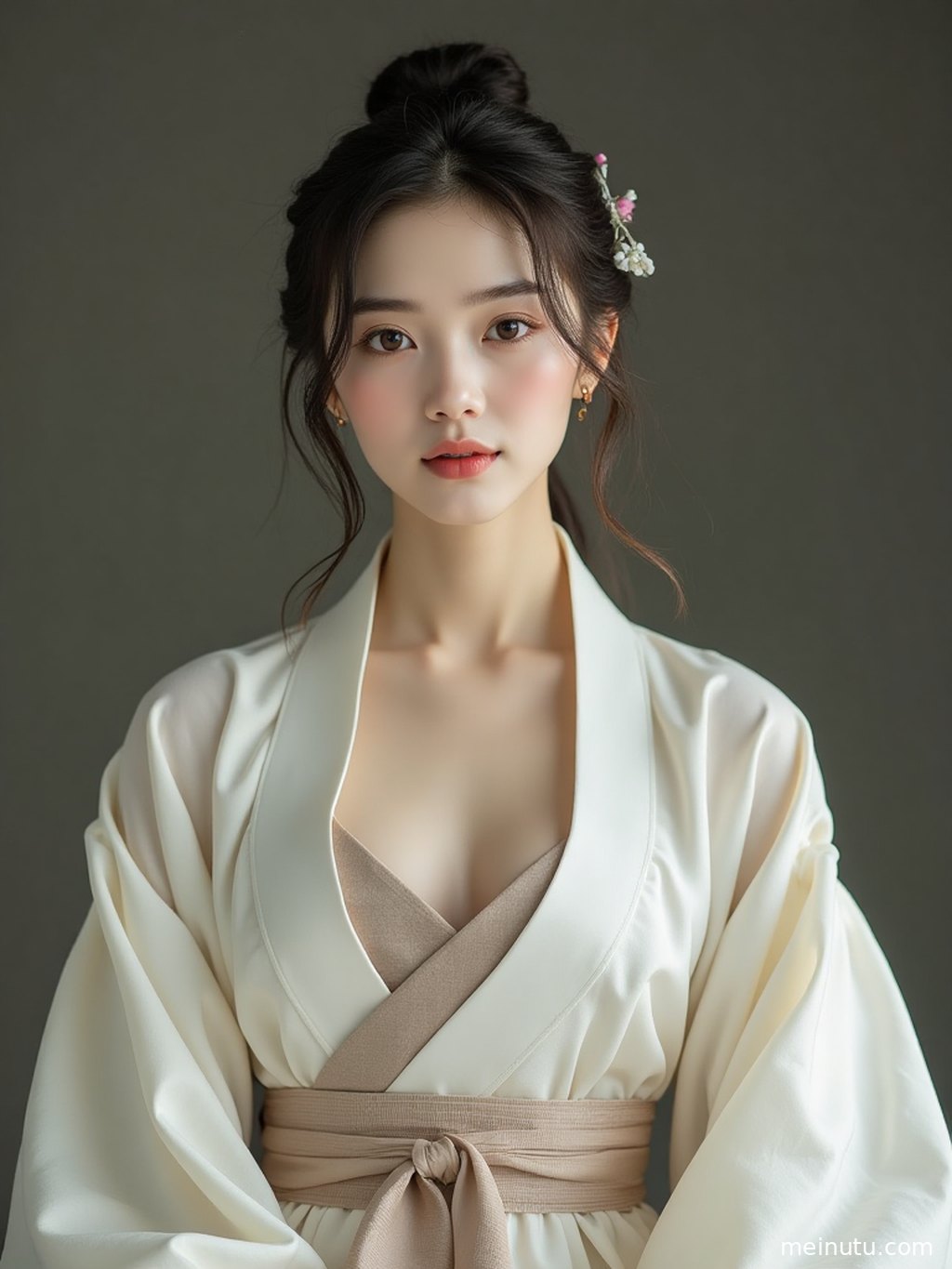 Soft ocean backlight traces the silhouette of an adult woman in flowing hanfu, with blurred waves behind her.