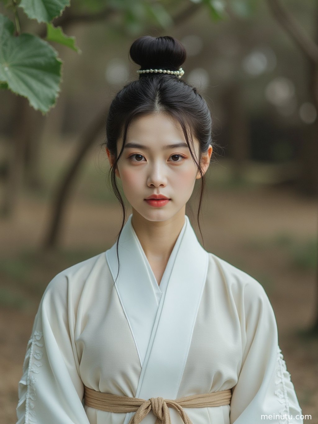An asian model in elegant chinese hanfu stands by the coast as golden light highlights her face and dress details.
