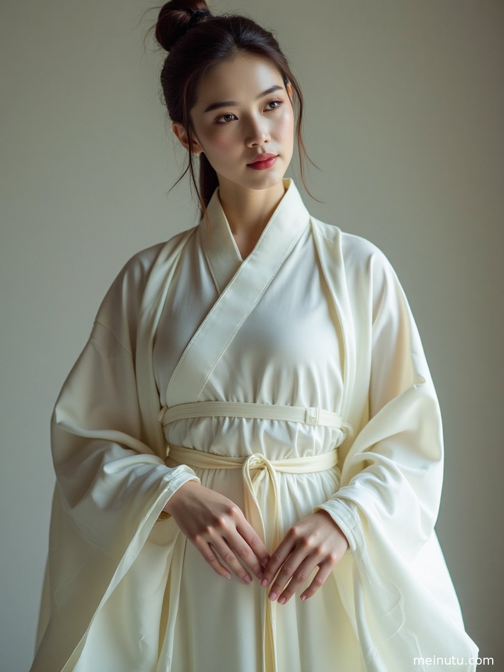 A half-body hanfu portrait of an adult woman, combining traditional chinese dress textures with dreamy seaside light.
