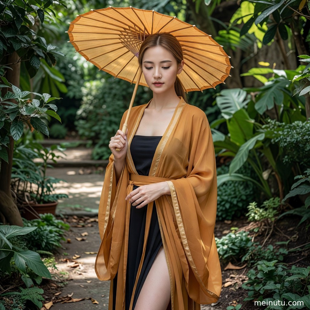 阴天花园中身着汉服的女性俯拍国风写真，衣袂铺展在花叶之间。