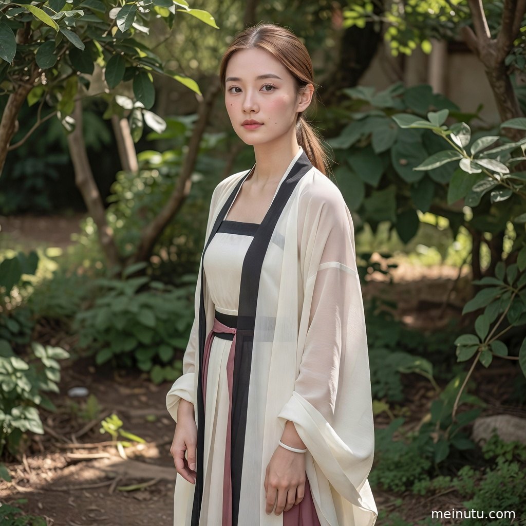 花园石径旁的汉服模特古风写真，阴天漫射光营造柔和氛围。