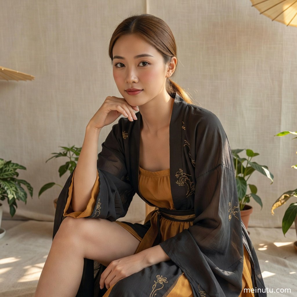 俯拍视角下的国风写真画面，汉服纹理与庭院绿植层次清晰。