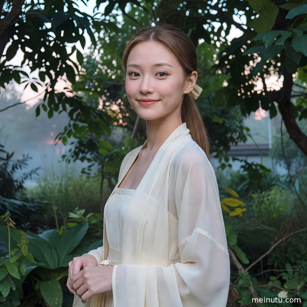 花丛边的汉服女性高清写真，低饱和阴天光线突出古典气质。