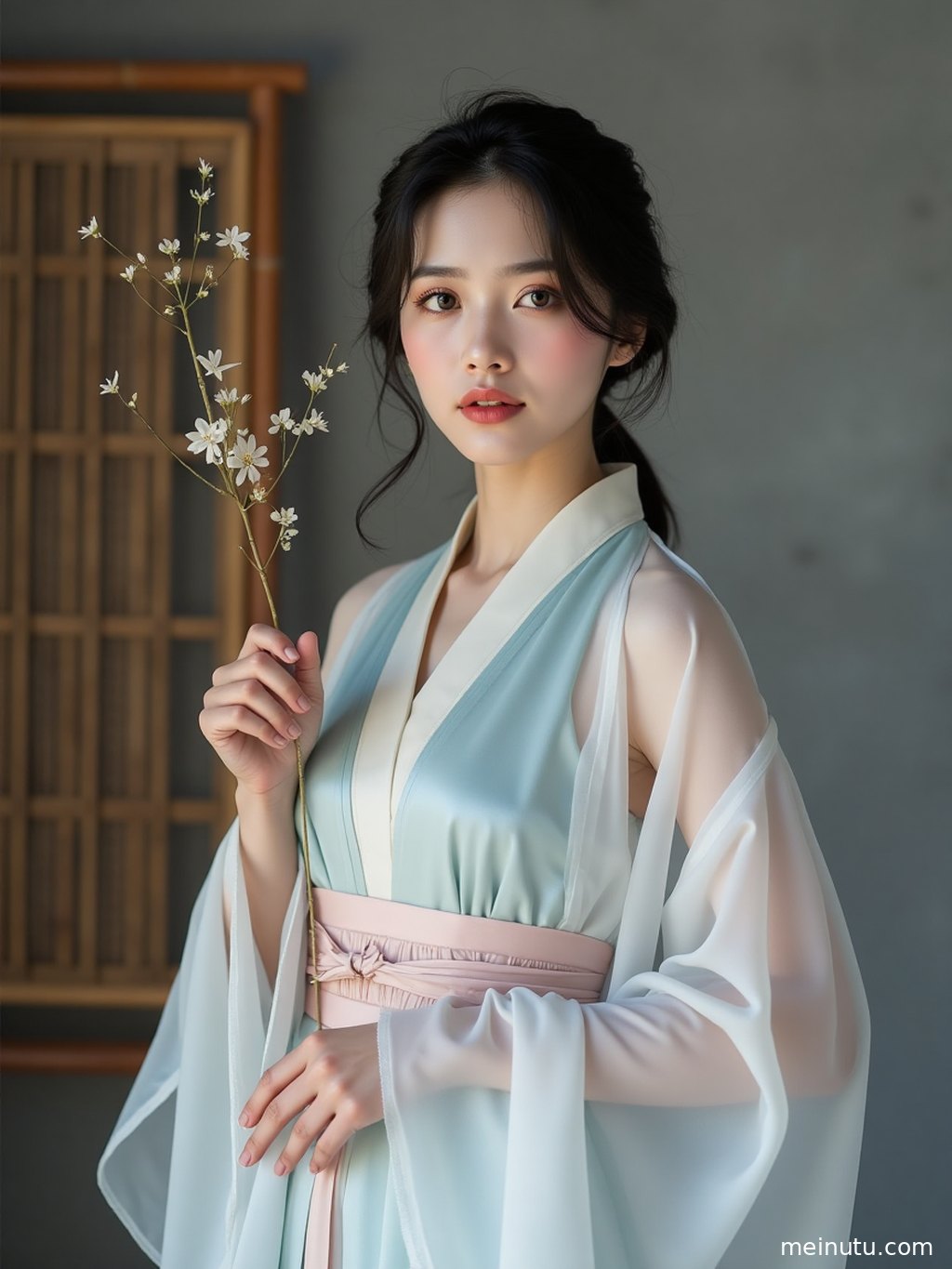 Adult asian woman wearing chinese hanfu in a classical garden, captured with soft clear highlights and an elegant pose.