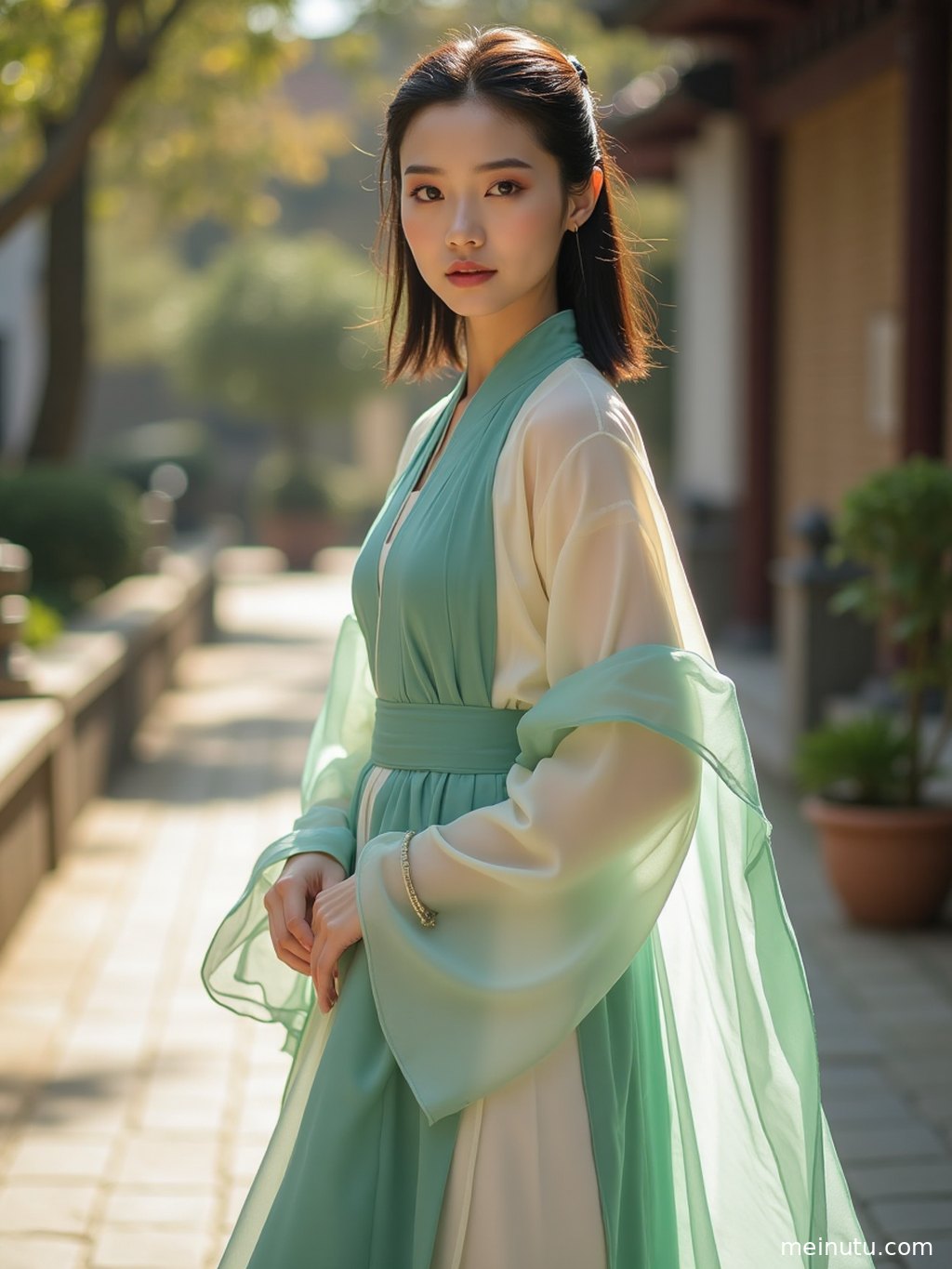 Close-up hanfu photoshoot portrait showing refined embroidery, flowing fabric, and graceful traditional chinese dress details.