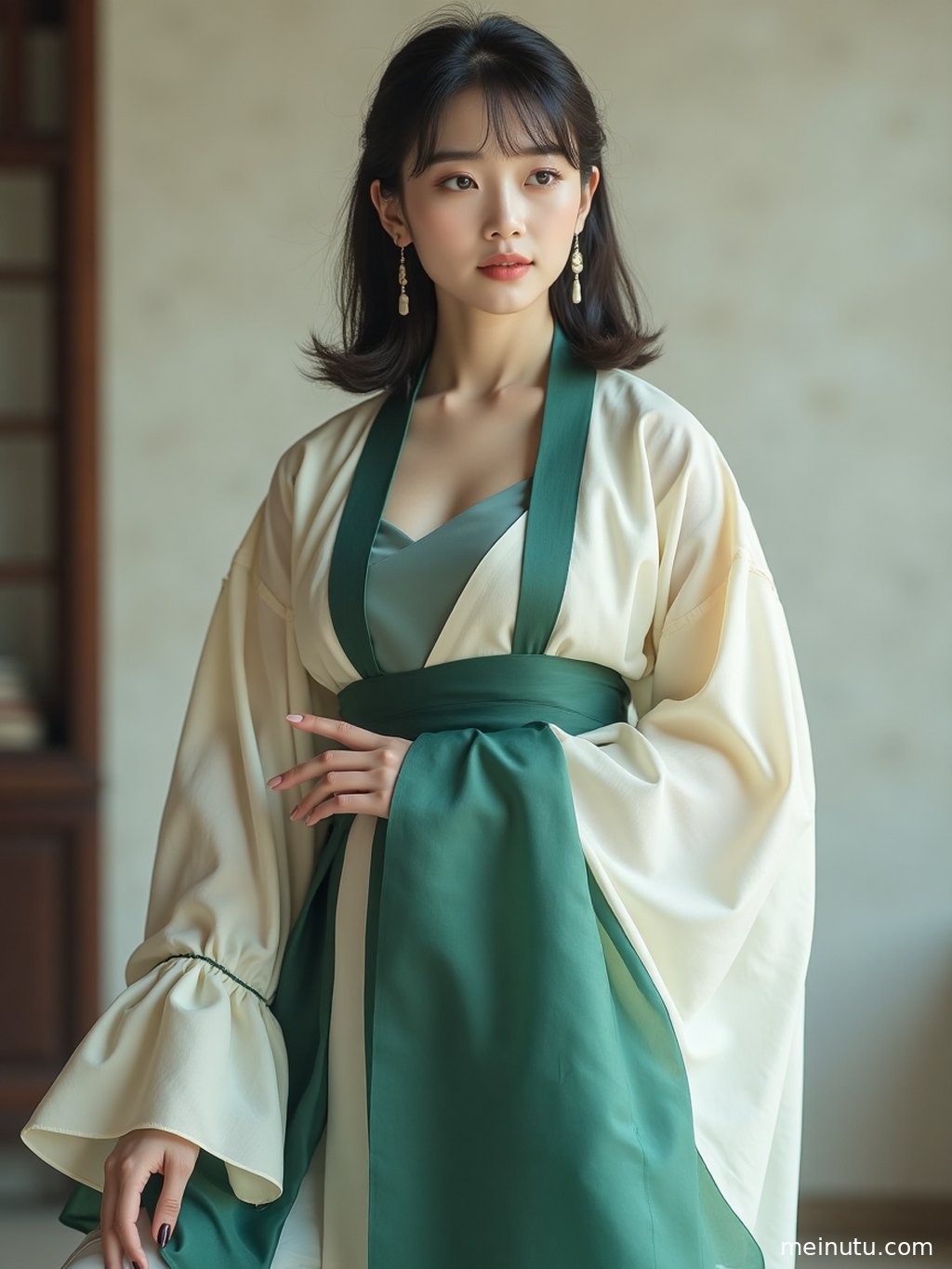 Adult woman in chinese hanfu standing in a sunlit garden corner, creating a fresh and poetic hanfu aesthetic.