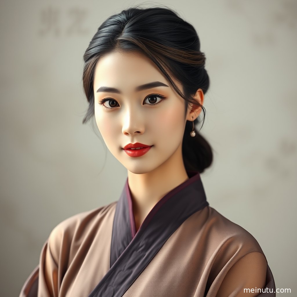 汉服美女手持团扇靠近木窗，荷叶与庭院背景营造柔和古风写真氛围。