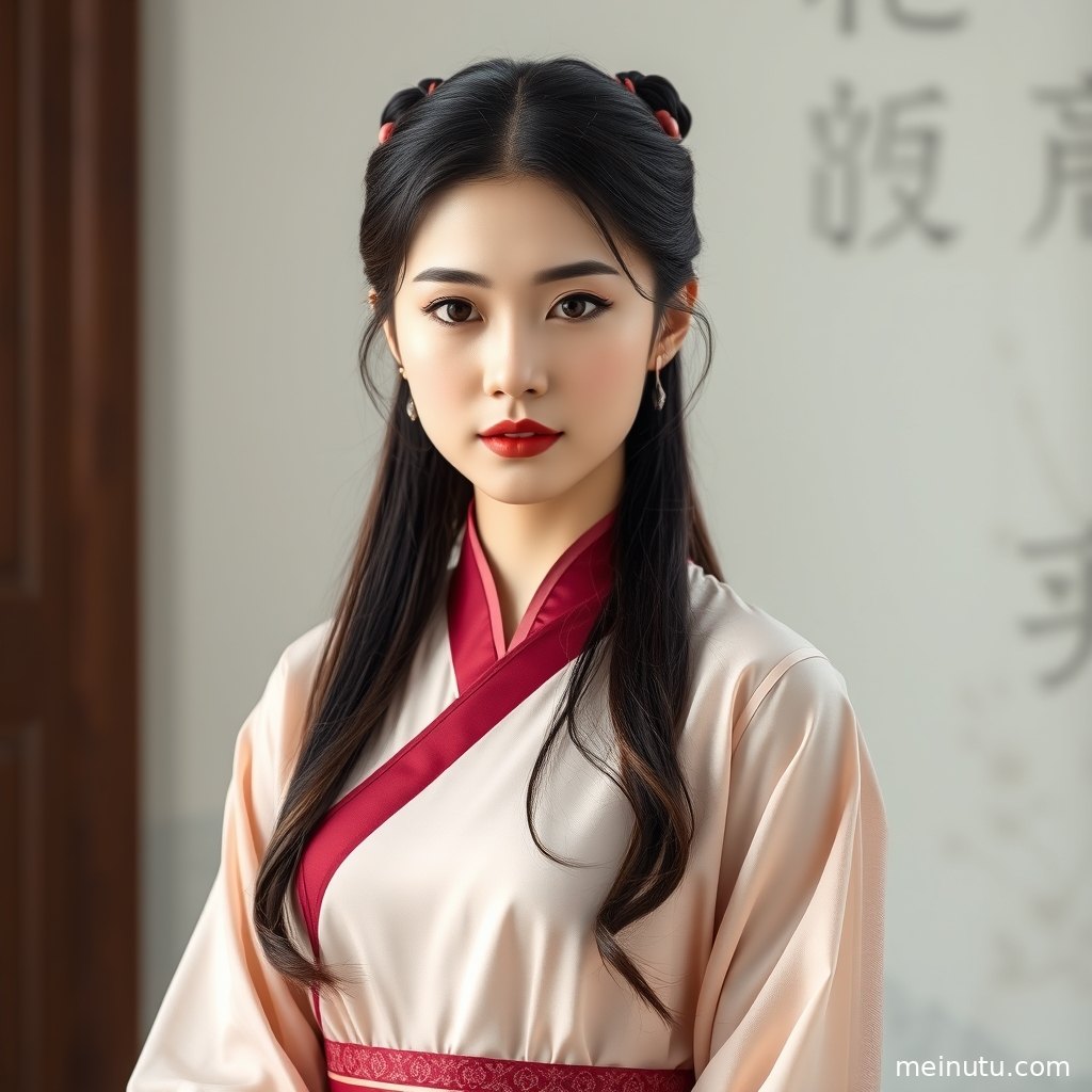 年轻成年女性在荷花旁回望镜头，近景突出汉服领口、发饰与温润肤色。