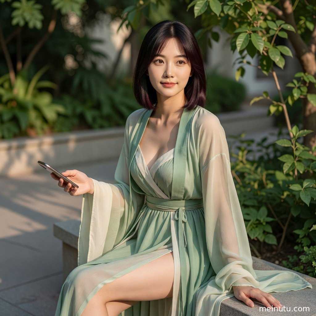 龙角发饰与飘逸汉服在低角度镜头中呈现，花园背景清新柔和。