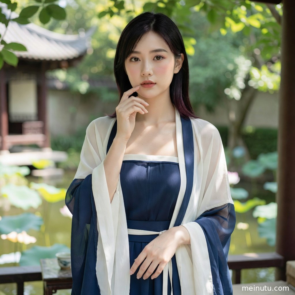 汉服美女置身绿意花园，衣袂层次与自然光形成典雅国风画面。