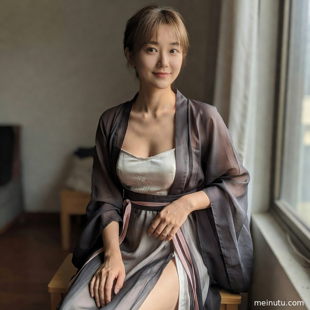 年轻成年女性身着明制汉服婚礼礼服，在柔和逆光中呈现端庄半身构图。