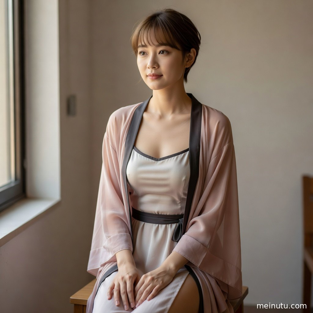 明制婚礼汉服在柔光下呈现细腻纹理，人物神情温柔沉静。
